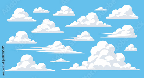 A vibrant illustration of various fluffy white clouds scattered across a clear blue sky.
