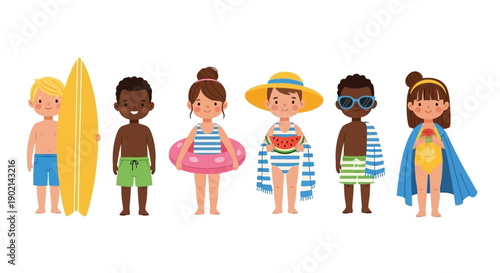A diverse group of children in swimwear, some holding beach accessories like a surfboard and a watermelon slice, ready for summer fun.
