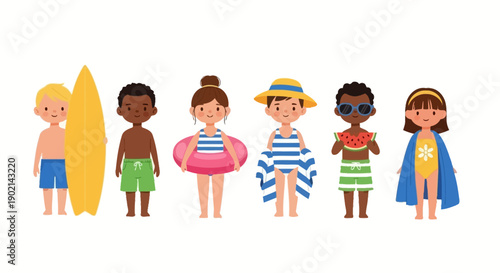 A diverse group of children in swimwear and beach accessories, ready for summer fun.