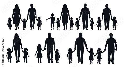 Silhouettes of diverse families holding hands, representing unity and togetherness in various compositions.