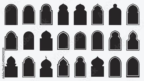 Traditional arabic archway silhouettes collection including mosque window frames and door shapes for religious media