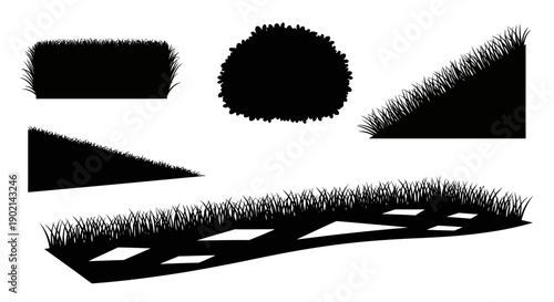 Collection of black silhouette grass elements, including rectangular patches, a rounded clump, triangular slopes, and a curved path with shadows.