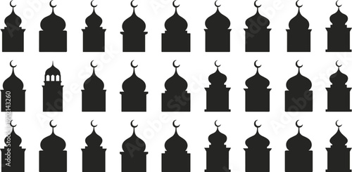 Mosque dome and minaret silhouettes featuring crescent moon symbols for ramadan and islamic celebration background
