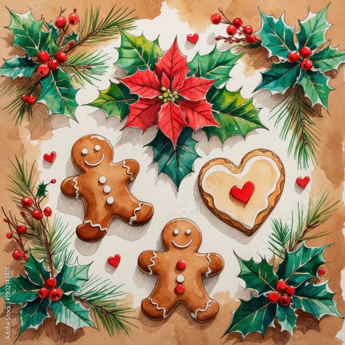 Christmas gingerbread cookies with holiday decorations