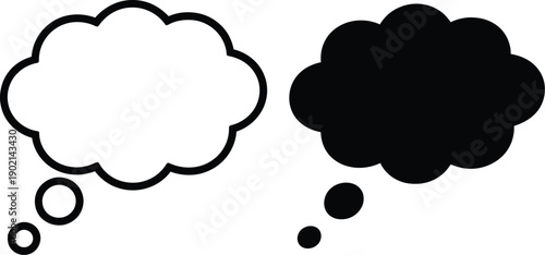 Speech bubble icon, cloud shaped thought bubble shown as outline sketch and solid black form