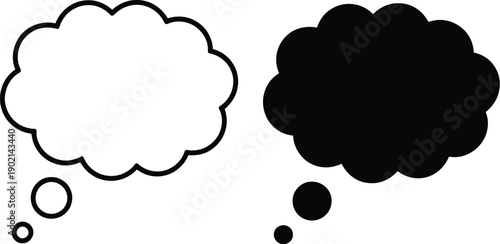 Speech bubble icon, white outline cloud shape with trailing dots and solid black bubble silhouette