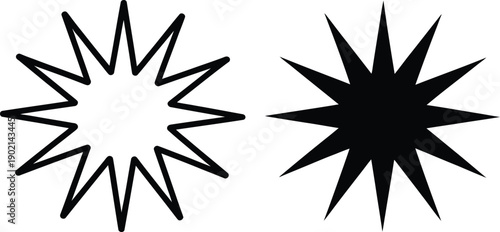 Starburst icon, twelve point star shape shown in outlined hollow style and bold solid black form