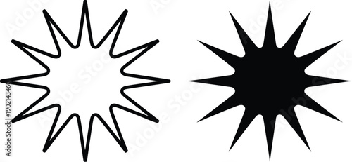 Starburst icon, white hollow 12 point starburst with black outline and solid black sharp starburst