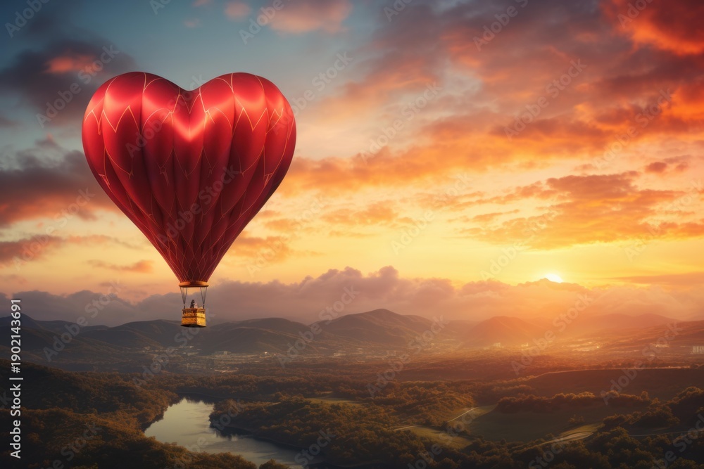 Obraz premium Red heart shaped hot air balloon flying over a green valley with river during sunset