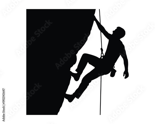 Silhouette of a person rock climbing up a steep cliff face