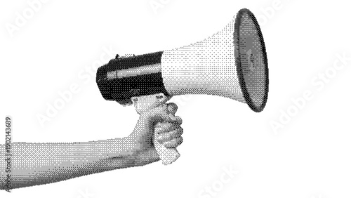 Black and white halftone illustration of a megaphone