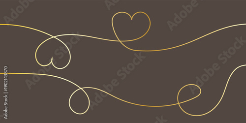Thin squiggle golden line heart set. Wavy wiggle stripe. Curvy head or yarn lines for decor, separate, divider. Tangled squiggly linear doodle shapes. Vector
