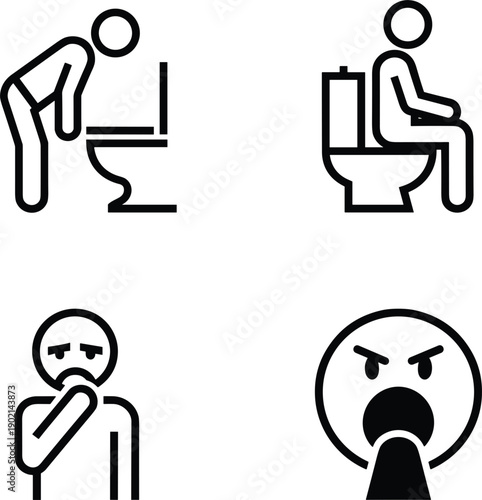 Bathroom toilet health icons illustrating sickness nausea vomiting anger emotions restroom hygiene medical condition vector illustration design