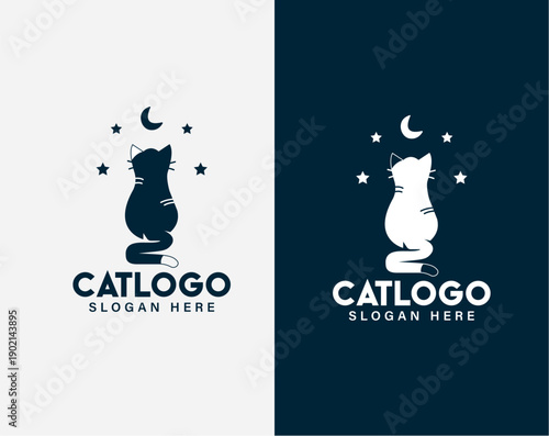  Cat Logo with Moon and Stars – Minimal Animal Silhouette Emblem