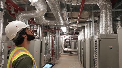 A man in a hard hat and safety vest checks equipment in a large industrial mechanical room with video surveillance.