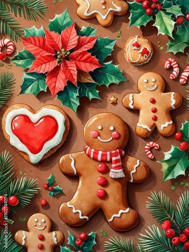 Christmas gingerbread cookies with holiday decorations