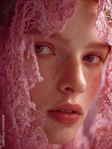 Female portrait. Delicate pink lace, translucent crochet textures, romantic Victorian-inspired