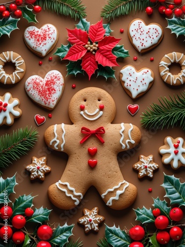 Christmas gingerbread cookies with holiday decorations