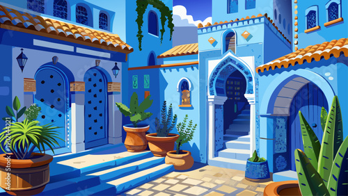 Very beautiful traditional Moroccan architectural details in Chefchaouen, featuring blue-painted walls, textured surfaces, and artistic simplicity unique to the blue city.