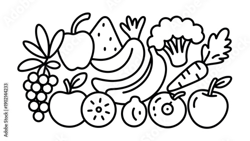 A colorful illustration of various fruits and vegetables for healthy eating and nutrition