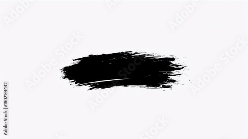 A stark, abstract image featuring a brushstroke-like shape in black against a clean white background. Texture variations are visible