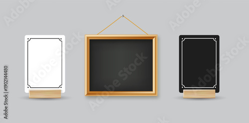 Menu Card table holder stand mockup. Paper flyer mock up template. Event promotion wooden frame. Restaurant label. Vector