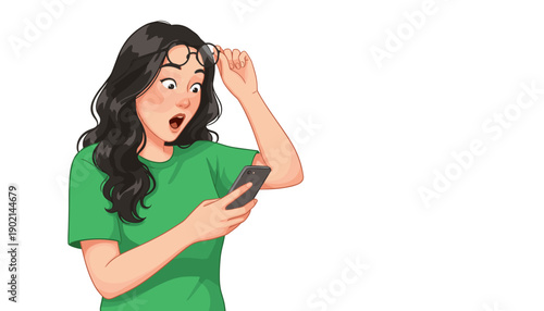 Shocked young Asian woman holding a smartphone with a surprised expression on her face.