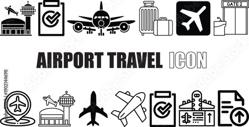 Airport Travel Icon Set Airplane, Flight, Boarding Pass, Terminal Vector Symbols