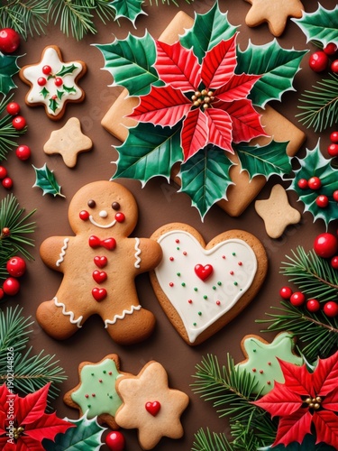 Christmas gingerbread cookies with holiday decorations