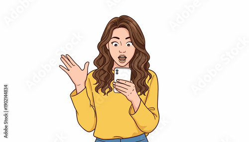 Shocked young Asian woman holding a smartphone with a surprised expression on her face.