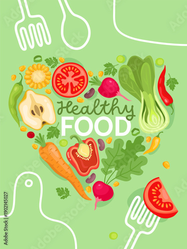 Banner or card design for a vegan shop, market, cafe. Various fresh vegetables and fruits lie in the shape of a heart, inscription "healthy food". Carrots, tomatoes, pears, radishes, bok choy, pepper.