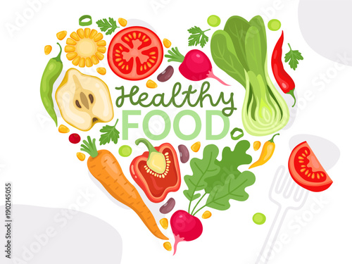 Various fresh vegetables and fruits lie in the shape of a heart, inscription "healthy food". Carrots, tomatoes, pears, radishes, bok choy, pepper. Banner or card design for a vegan shop, market, cafe.