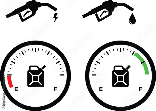 Fuel gauge icons with refueling nozzle illustrating gasoline level warning automotive dashboard indicator vector design minimal modern set