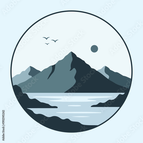 Vector illustration design of a circular landscape featuring mountains, sky, and birds.
