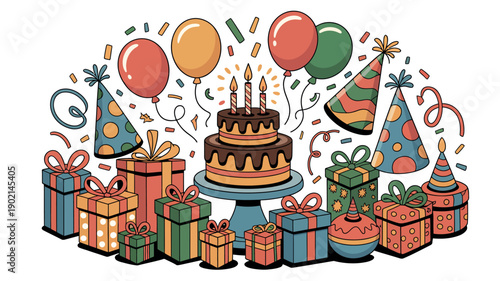 A colorful cartoon illustration of a birthday celebration with a chocolate cake, balloons, party hats, and gifts.