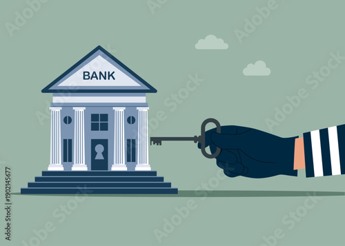 Robber holding key open bank. Theft of property. Key to criminal. Robber breaking in bank house. Modern vector illustration in flat style