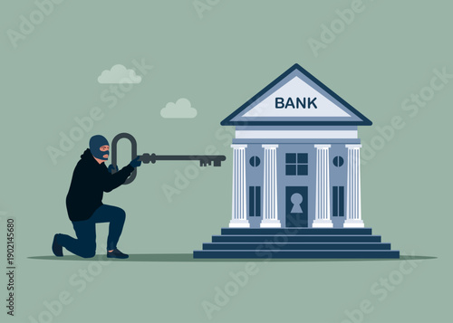 Thief holding key open bank. Robber of property. Key to criminal. Robber breaking in bank house. Modern vector illustration in flat style