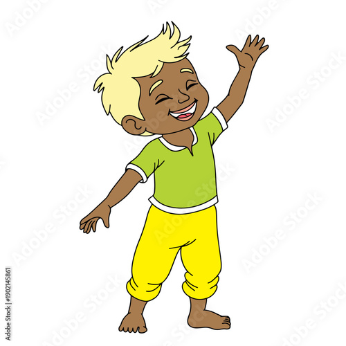 Cheerful little blond boy. Laughing child. Vector illustration on a white background.