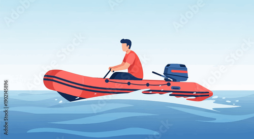 Man in red shirt driving red inflatable boat with outboard motor on water