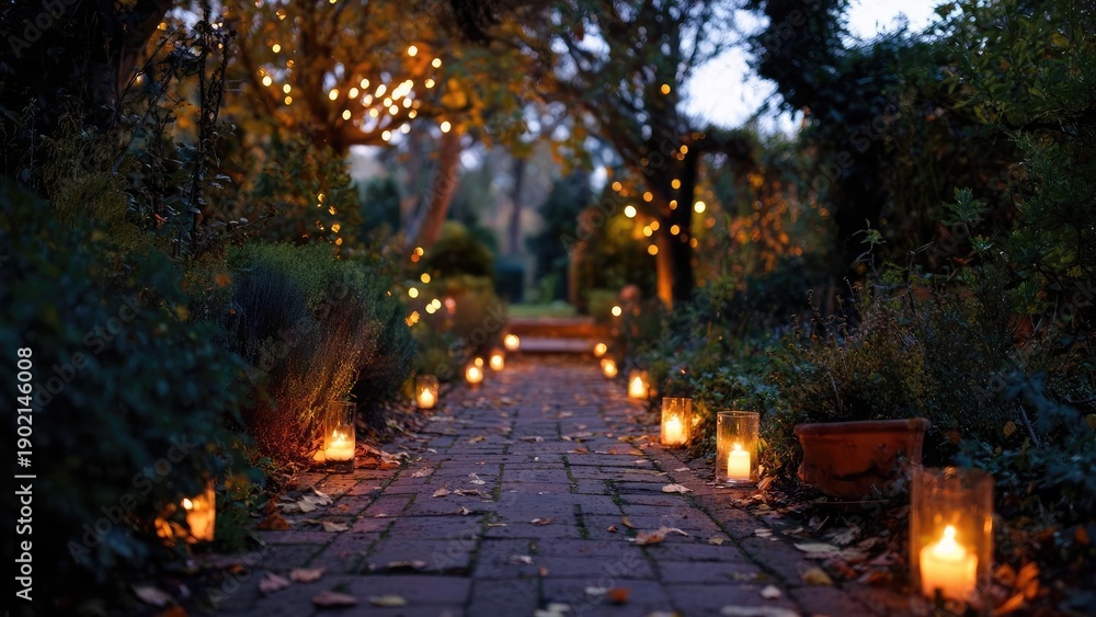 Obraz premium A serene garden path at dusk, lined with glowing candles in glass jars along a brick walkway. Concept Candlelit garden path at dusk, Glass jar candles along a brick walkway