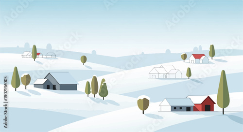 Minimalist geometric houses and trees dot snow-covered rolling hills under a clear sky