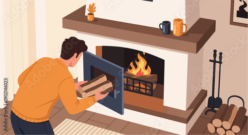 Man places logs in fireplace with burning fire and cozy decor