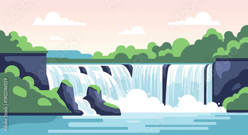 Lush green cliffs frame a wide waterfall cascading into a calm blue river