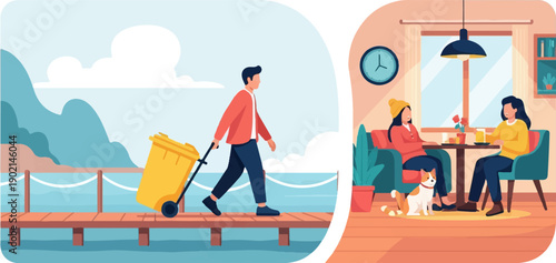 Man pulls yellow bin on pier; women chat in cafe with dog