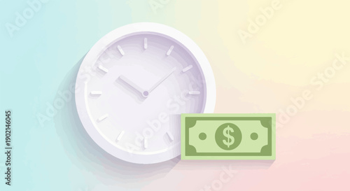 Minimalist illustration of a clock face next to a green banknote