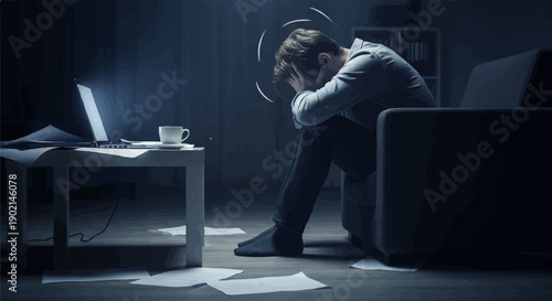 Man sits on sofa in dark room, hunched over with head in hands