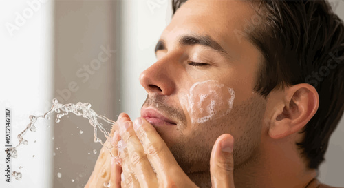 Man splashes water on his face with soap and foam, cleansing his skin