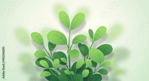 Lush green foliage sprouts upwards against a soft pastel background