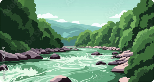 Lush green forest flanks a flowing river with rocky shores and distant hills
