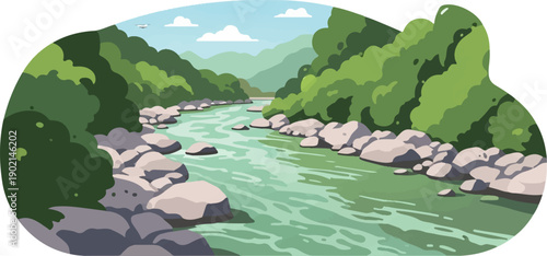 Lush green mountains flank a clear, flowing river with rocky shores and scattered clouds